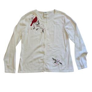 Collections Etc Cotton Applique Embroidered Bird Button Cardigan White Womens L